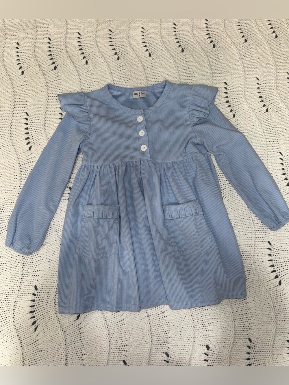 Little Girls' Light Blue Long-Sleeve Ruffle Corduroy Pocket Dress